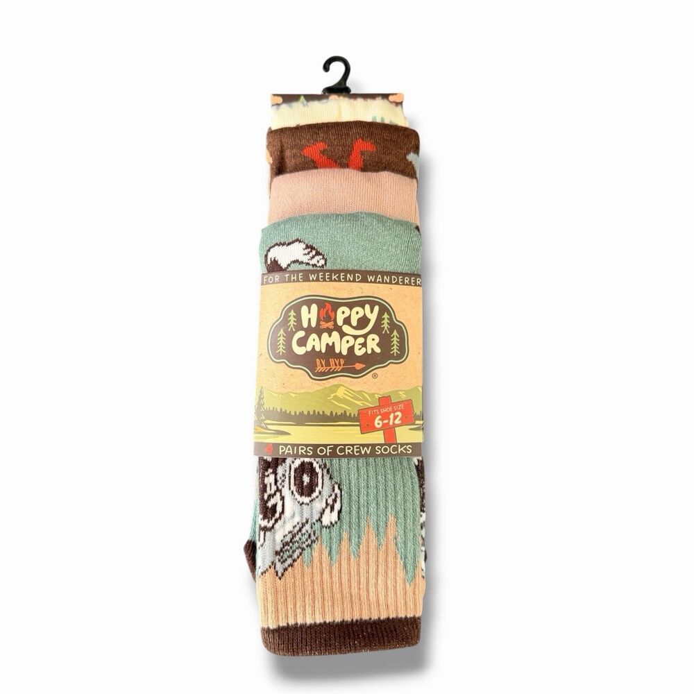 Happy Camper 4 Pair Bigfoot Theme Camping Theme Mens Novelty Crew Socks NWT 6-12